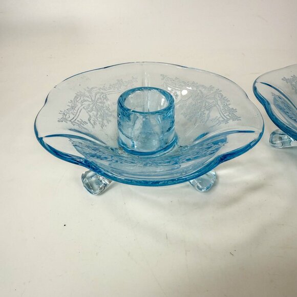 Fostoria Glass Versailles Azure Blue 3-Toed Candle Holders Set Of 2 - Picture 4 of 6